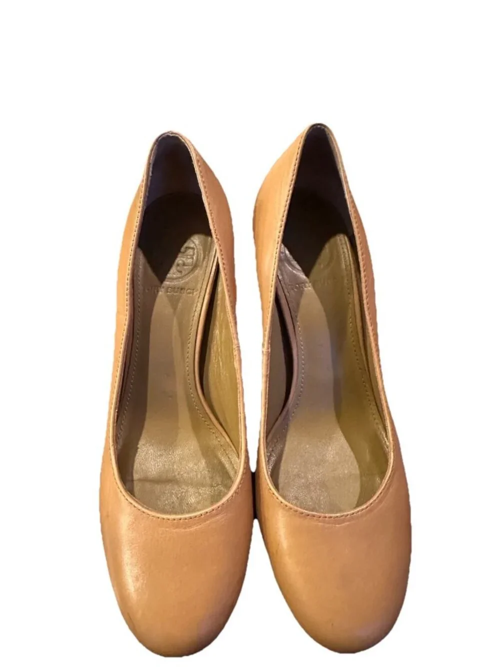 Tory Burch Leather Pumps Size 6 Nude Metal Logo Detail On Heel